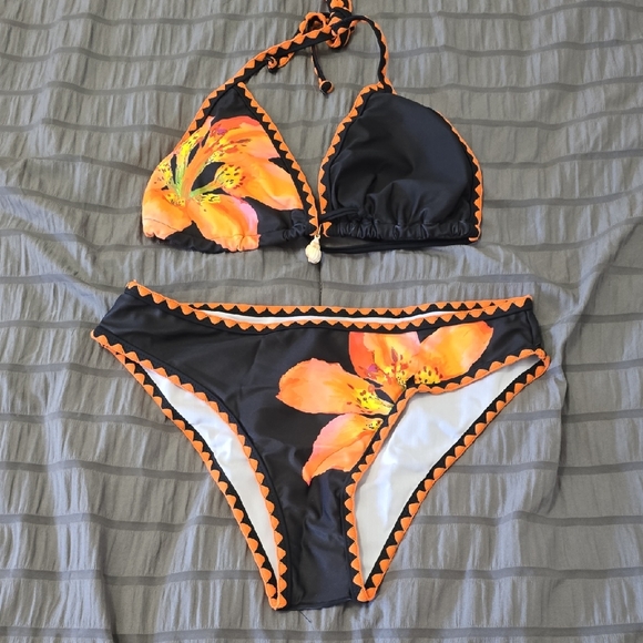 Amazon Other - Black and Orange Floral Bikini Set Sz Lg